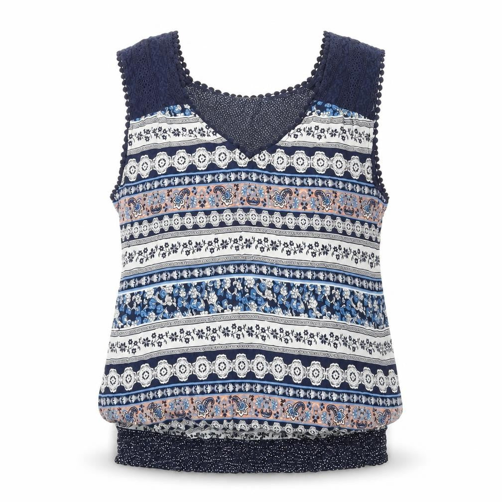 Front view of Solitaire women’s blue geometric viscose basic tank, size L, v-neck