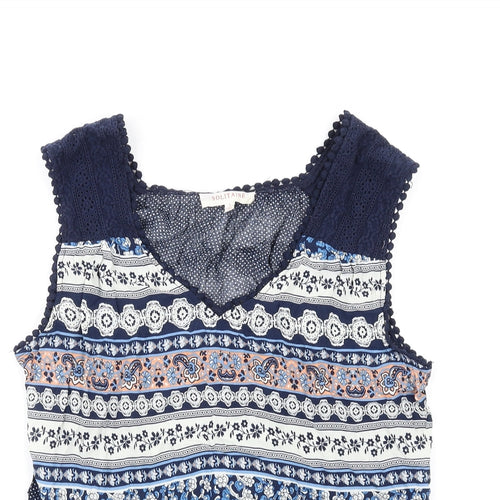 Solitaire Womens Blue Geometric Viscose Basic Tank Size L V-Neck
