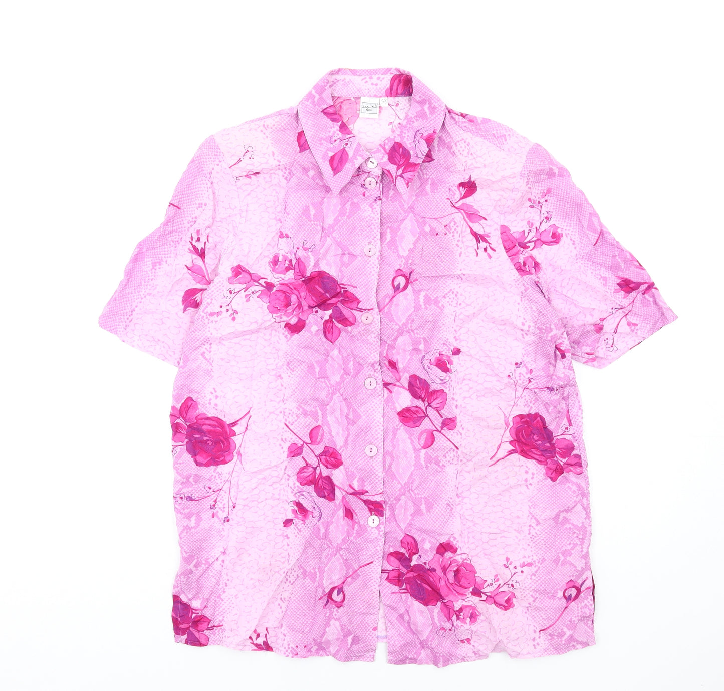 Lady Anne Womens Pink Floral Viscose Basic Button-Up Size 14 Collared