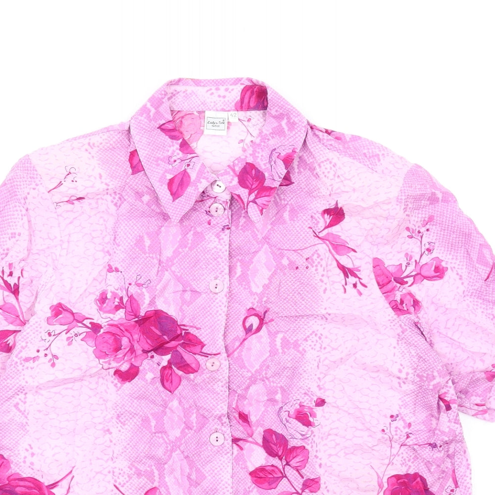 Lady Anne Womens Pink Floral Viscose Basic Button-Up Size 14 Collared