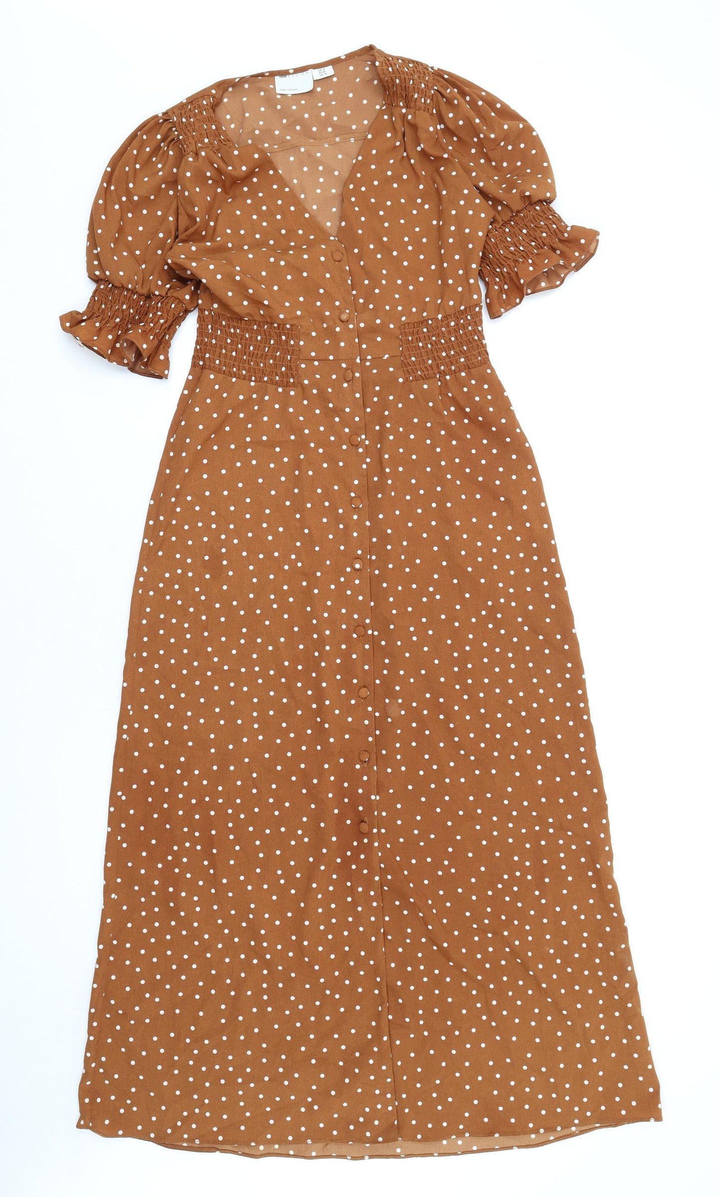 ASOS Womens Brown Polka Dot Polyester A-Line Size 8 V-Neck Button