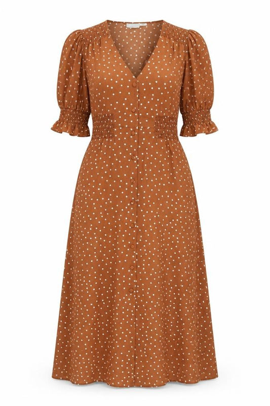 Front view of ASOS women’s brown polka dot polyester a-line, size UK 8, v-neck button