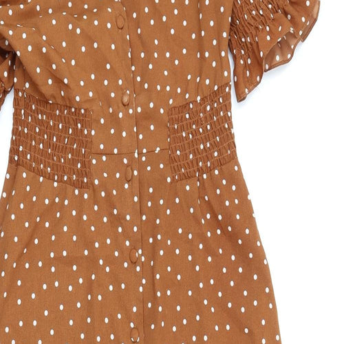 ASOS Womens Brown Polka Dot Polyester A-Line Size 8 V-Neck Button