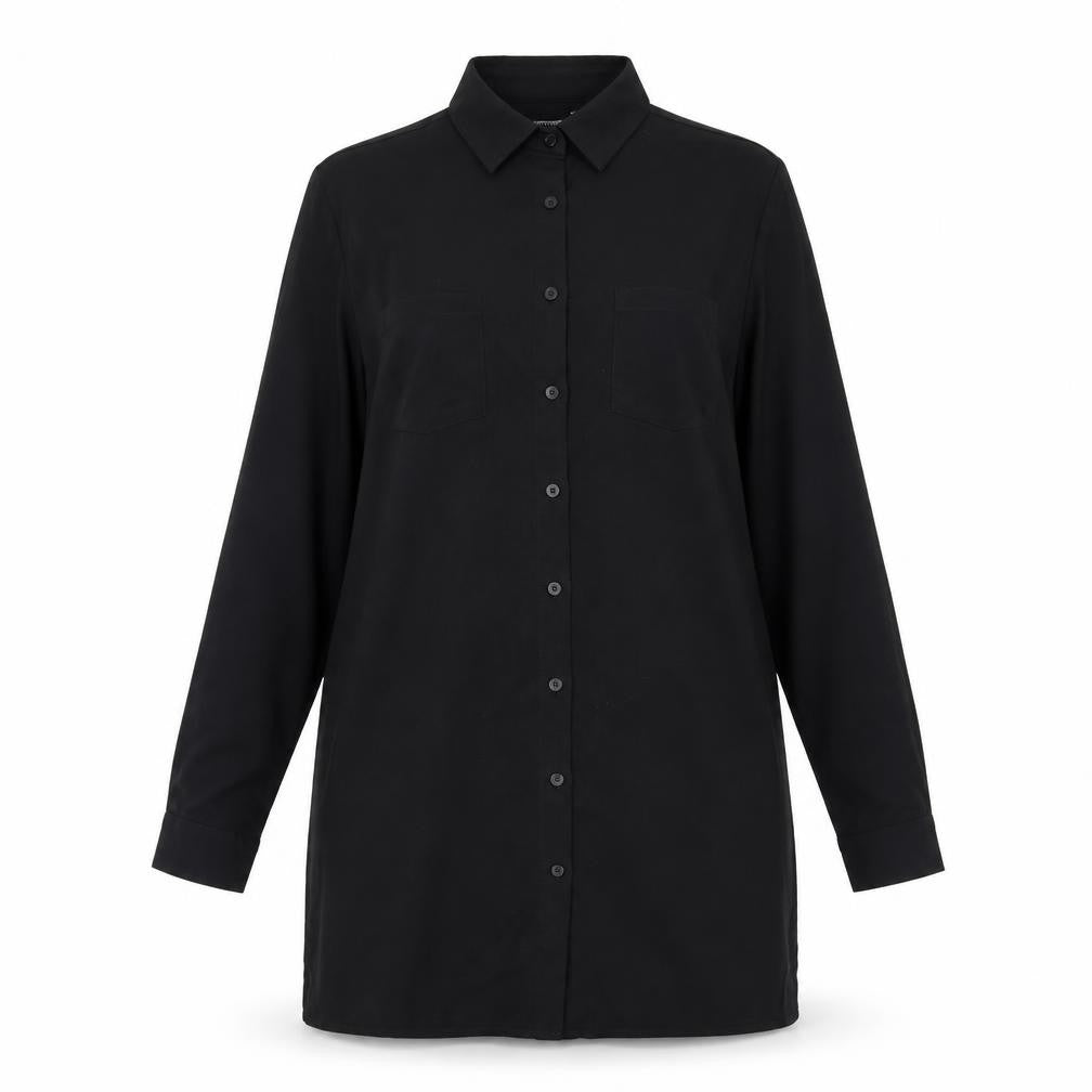 Front view of PRETTYLITTLETHING women’s black polyester shirt dress, size UK 6, collared button
