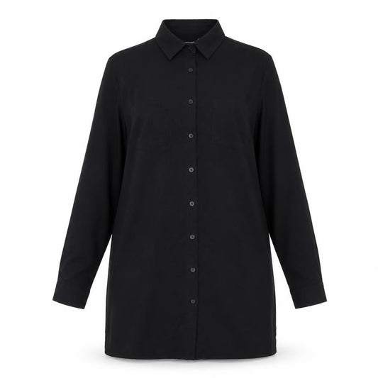 Front view of PRETTYLITTLETHING women’s black polyester shirt dress, size UK 6, collared button