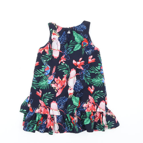 H&M Girls Blue Floral Polyester A-Line Size 3-4 Years Round Neck Button