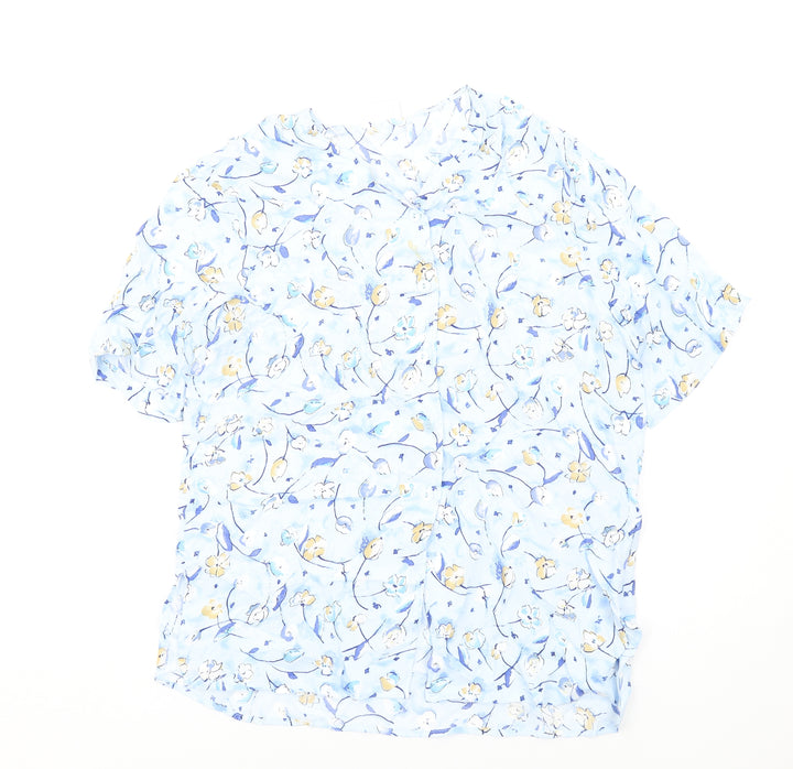 Bianca Womens Blue Floral Polyester Basic Button-Up Size 14 V-Neck