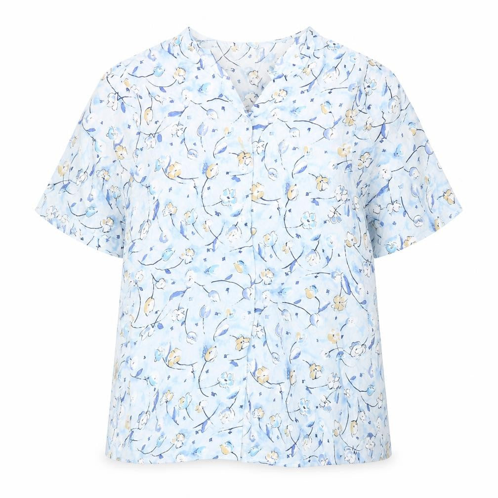 Front view of Bianca women’s blue floral polyester basic button-up, size UK 14, v-neck