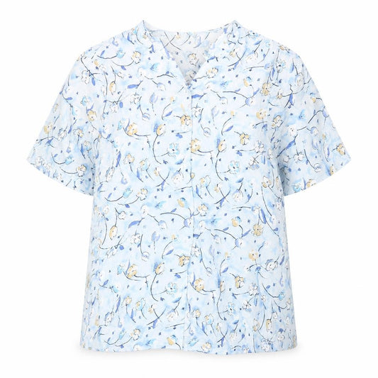 Front view of Bianca women’s blue floral polyester basic button-up, size UK 14, v-neck