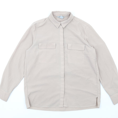 H&M Womens Beige Polyester Basic Button-Up Size 8 Collared