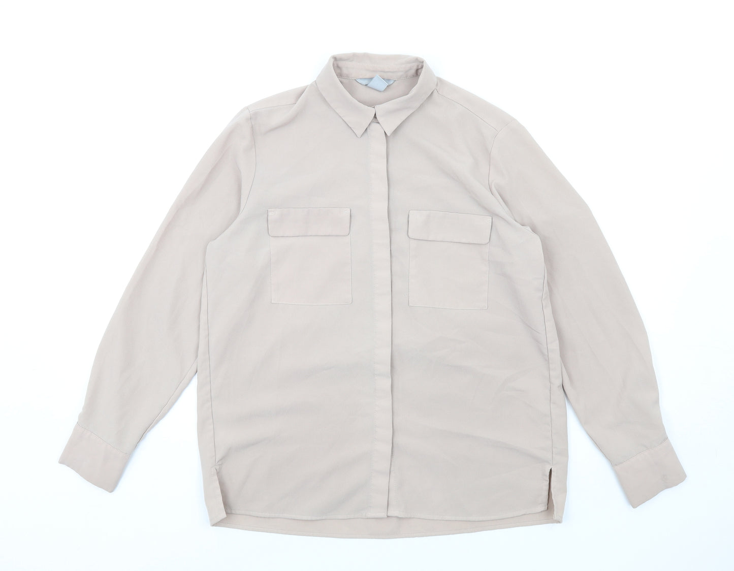 H&M Womens Beige Polyester Basic Button-Up Size 8 Collared