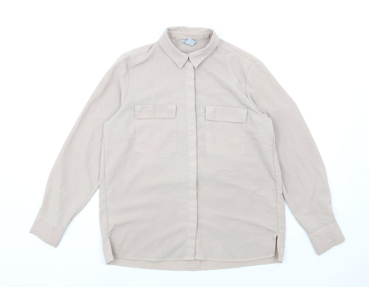 H&M Womens Beige Polyester Basic Button-Up Size 8 Collared