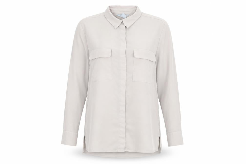 Front view of H&M women’s beige polyester basic button-up, size UK 8, collared