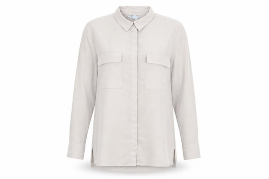 Front view of H&M women’s beige polyester basic button-up, size UK 8, collared