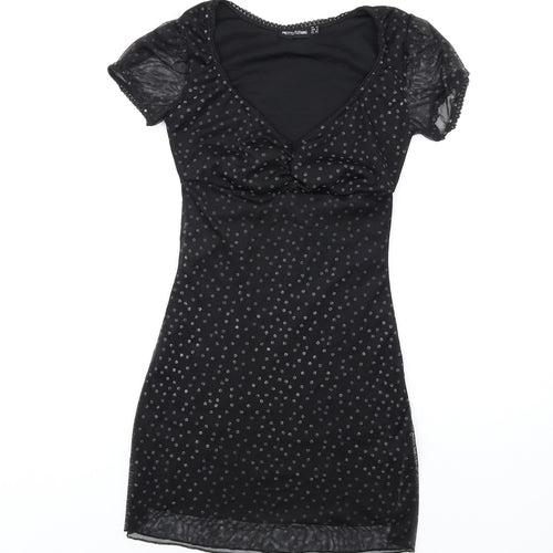 PRETTYLITTLETHING Womens Black Polka Dot Polyester Bodycon Size 4 V-Neck Pullover