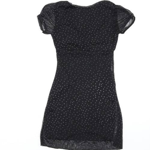 PRETTYLITTLETHING Womens Black Polka Dot Polyester Bodycon Size 4 V-Neck Pullover