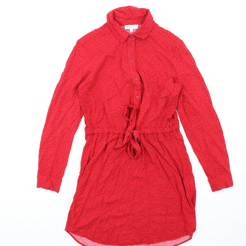 Warehouse Womens Red Geometric Viscose Shirt Dress Size 8 Collared Button