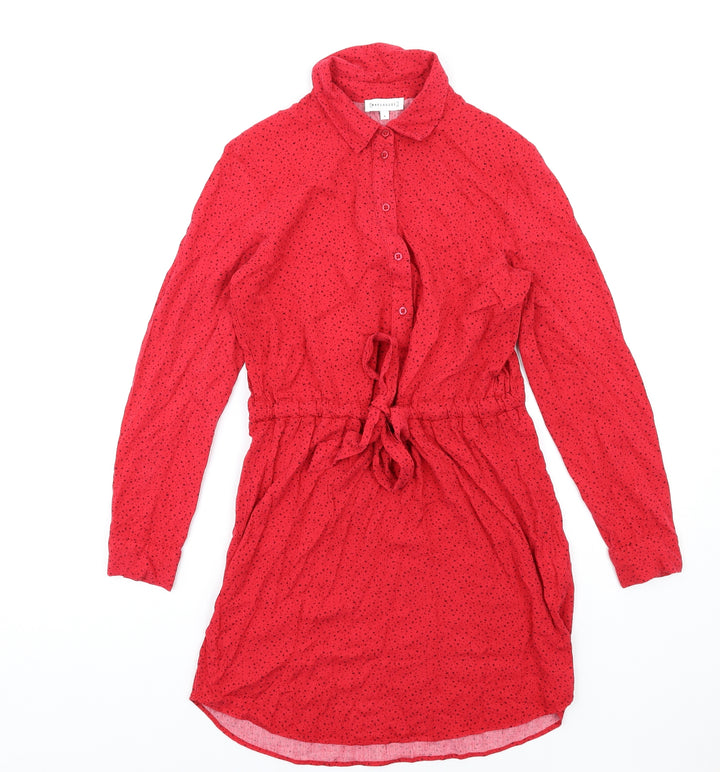 Warehouse Womens Red Geometric Viscose Shirt Dress Size 8 Collared Button