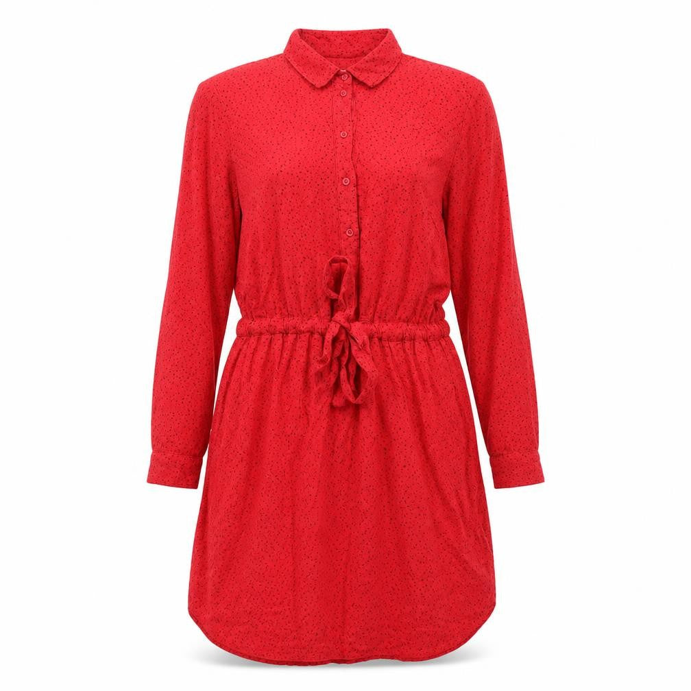 Front view of Warehouse women’s red geometric viscose shirt dress, size UK 8, collared button