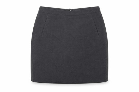 Front view of Marks & Spencer women’s grey polyester a-line skirt, size UK 12, zip