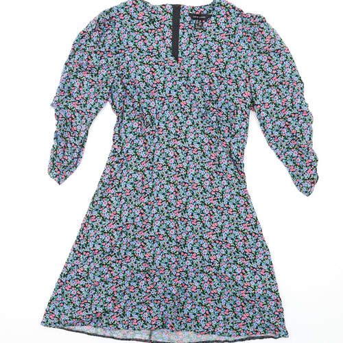 New Look Womens Multicoloured Floral Viscose A-Line Size 10 V-Neck Zip