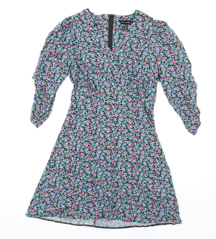 New Look Womens Multicoloured Floral Viscose A-Line Size 10 V-Neck Zip