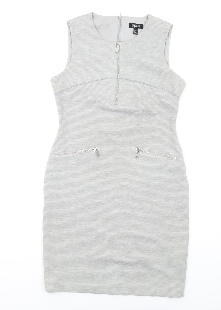 Episode Womens Grey Polyester Pencil Dress Size 8 Round Neck Zip