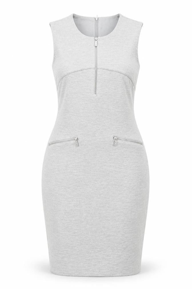 Front view of Episode women’s grey polyester pencil dress, size UK 8, round neck zip