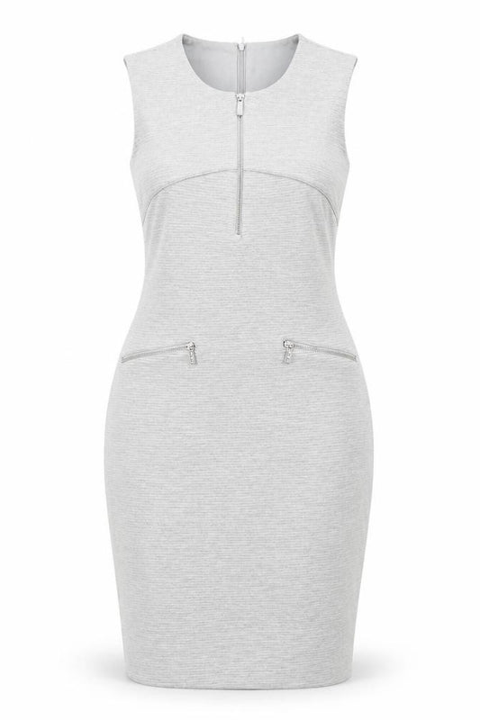 Front view of Episode women’s grey polyester pencil dress, size UK 8, round neck zip
