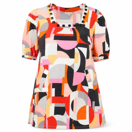 Front view of Accessorize women’s multicoloured geometric viscose a-line, size UK 10, square neck pullover - beaded neckline
