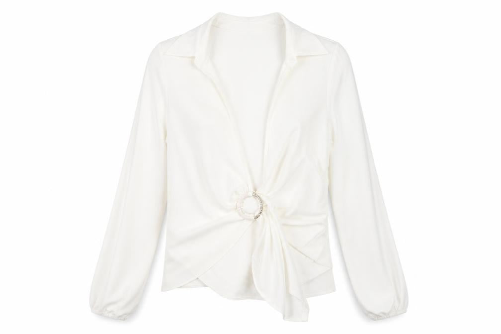 Front view of New Look women’s ivory polyester basic blouse, size UK 10, collared - ring detail