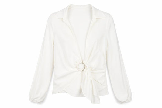 Front view of New Look women’s ivory polyester basic blouse, size UK 10, collared - ring detail