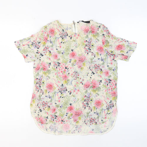 Zara Womens Beige Floral Polyester Basic Blouse Size M Round Neck
