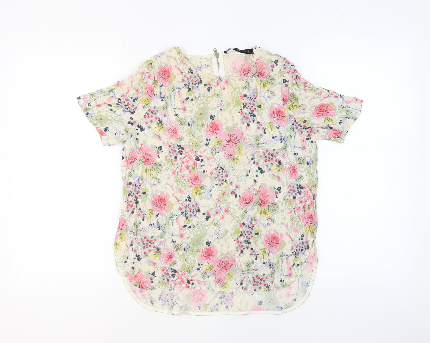 Zara Womens Beige Floral Polyester Basic Blouse Size M Round Neck