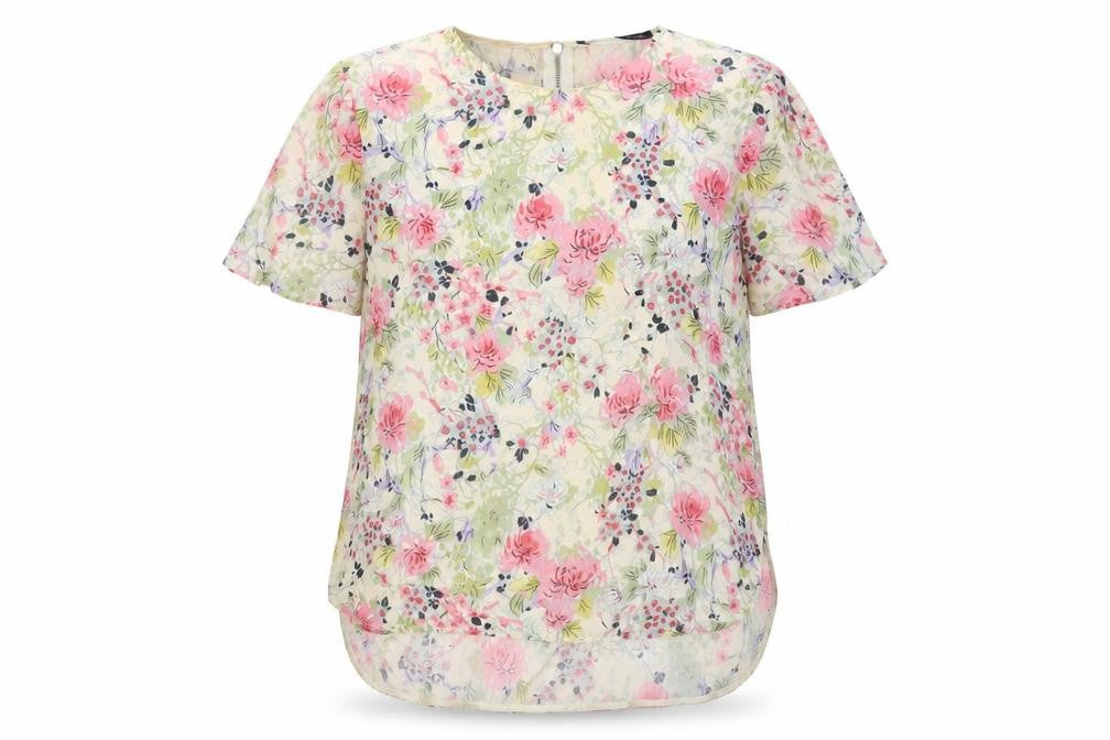 Front view of Zara women’s beige floral polyester basic blouse, size M, round neck