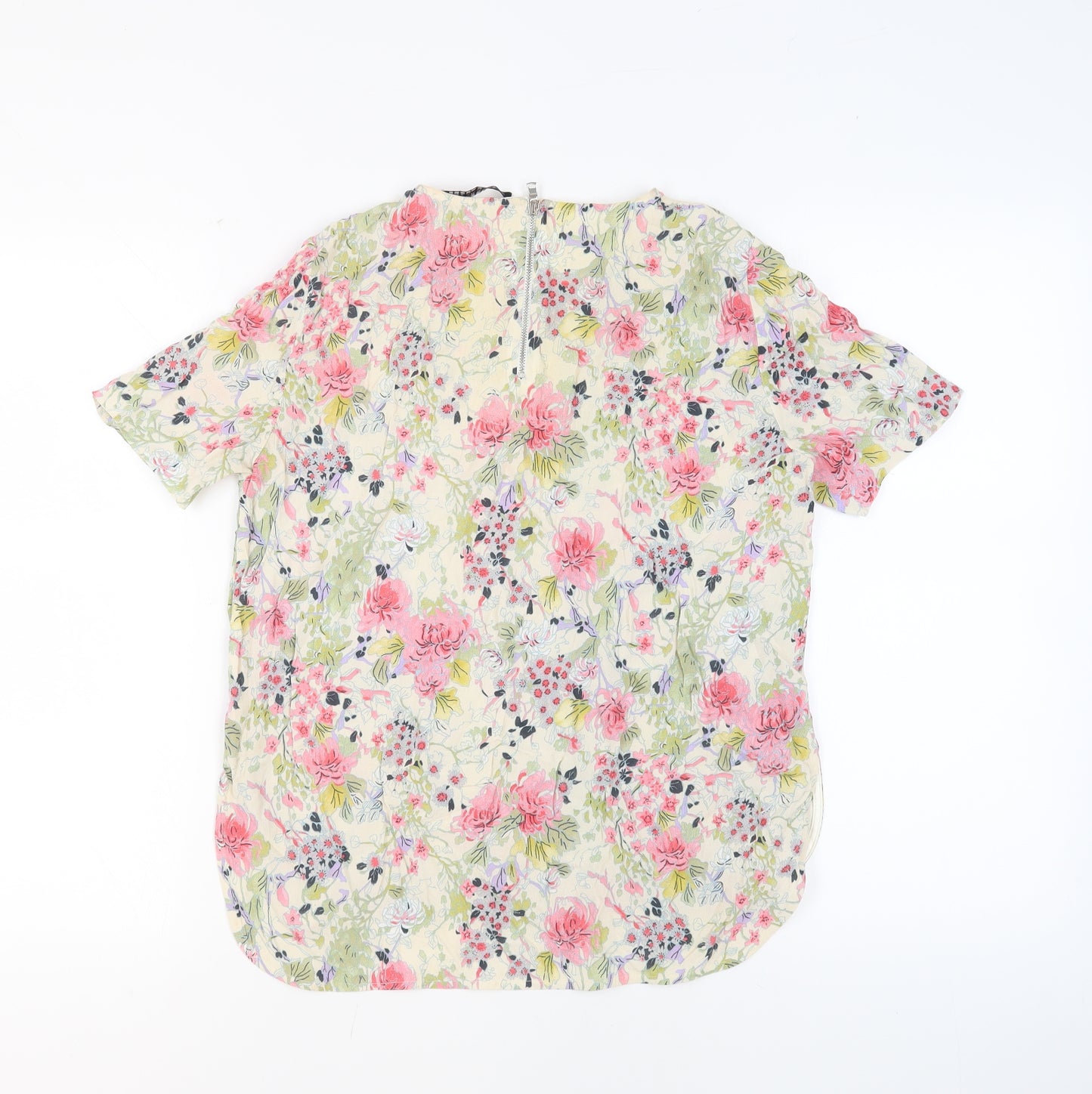 Zara Womens Beige Floral Polyester Basic Blouse Size M Round Neck