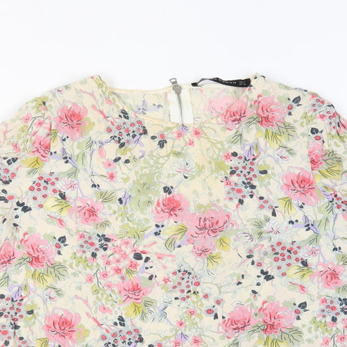 Zara Womens Beige Floral Polyester Basic Blouse Size M Round Neck