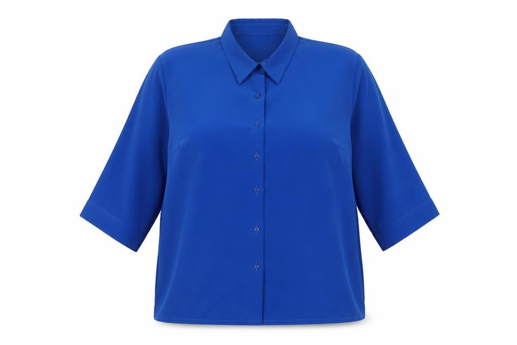 Front view of Rose Pearl women’s blue polyester basic button-up, size UK 18, collared