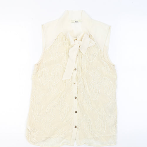 Oasis Womens Beige Polyamide Basic Button-Up Size M Round Neck - Pussy Bow Neck
