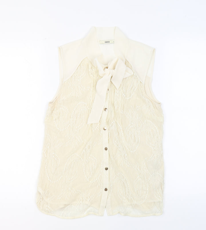 Oasis Womens Beige Polyamide Basic Button-Up Size M Round Neck - Pussy Bow Neck
