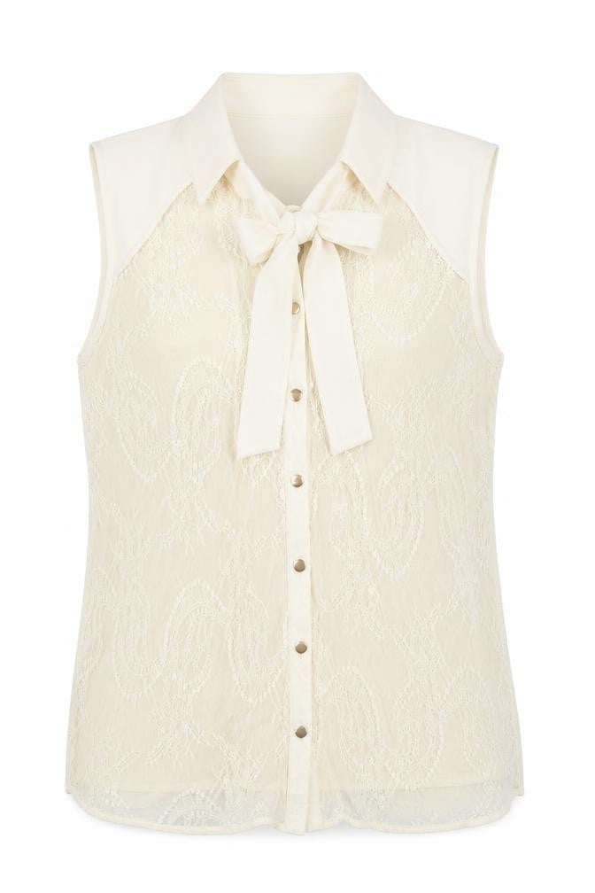 Front view of Oasis women’s beige polyamide basic button-up, size M, round neck - pussy bow neck