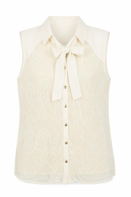 Front view of Oasis women’s beige polyamide basic button-up, size M, round neck - pussy bow neck