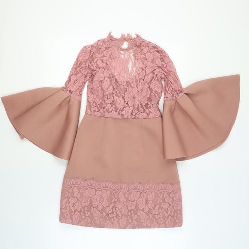 ASOS Womens Pink Polyester Shift Size 8 V-Neck Zip - Lace Detail Open Back