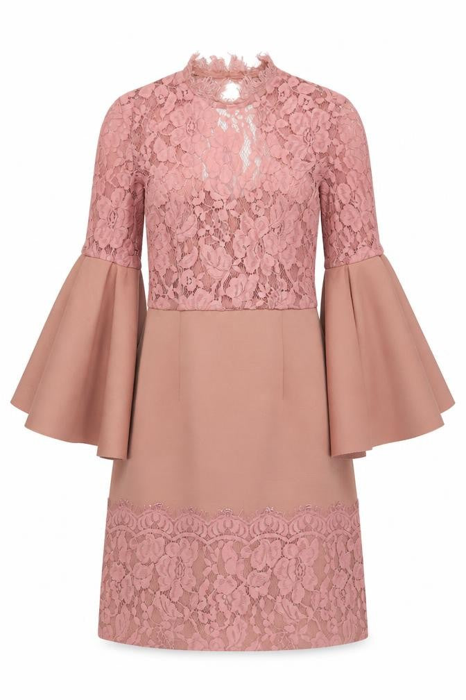 Front view of ASOS women’s pink polyester shift, size UK 8, v-neck zip - lace detail open back