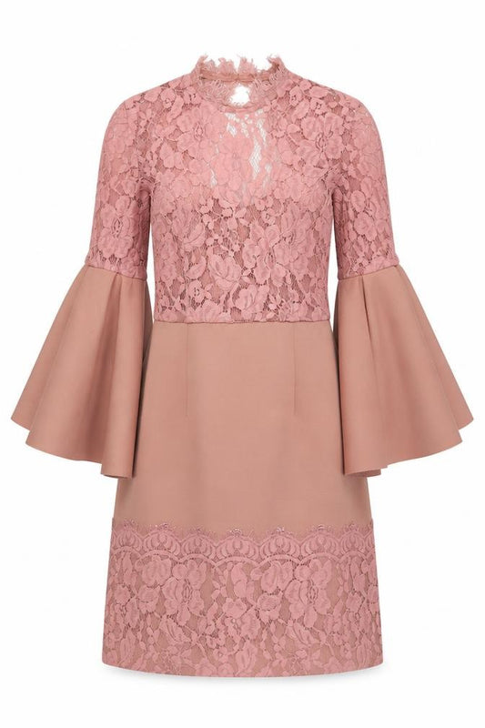 Front view of ASOS women’s pink polyester shift, size UK 8, v-neck zip - lace detail open back
