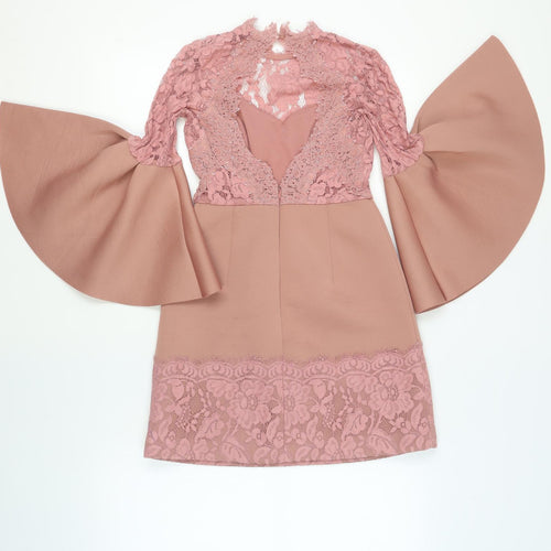 ASOS Womens Pink Polyester Shift Size 8 V-Neck Zip - Lace Detail Open Back