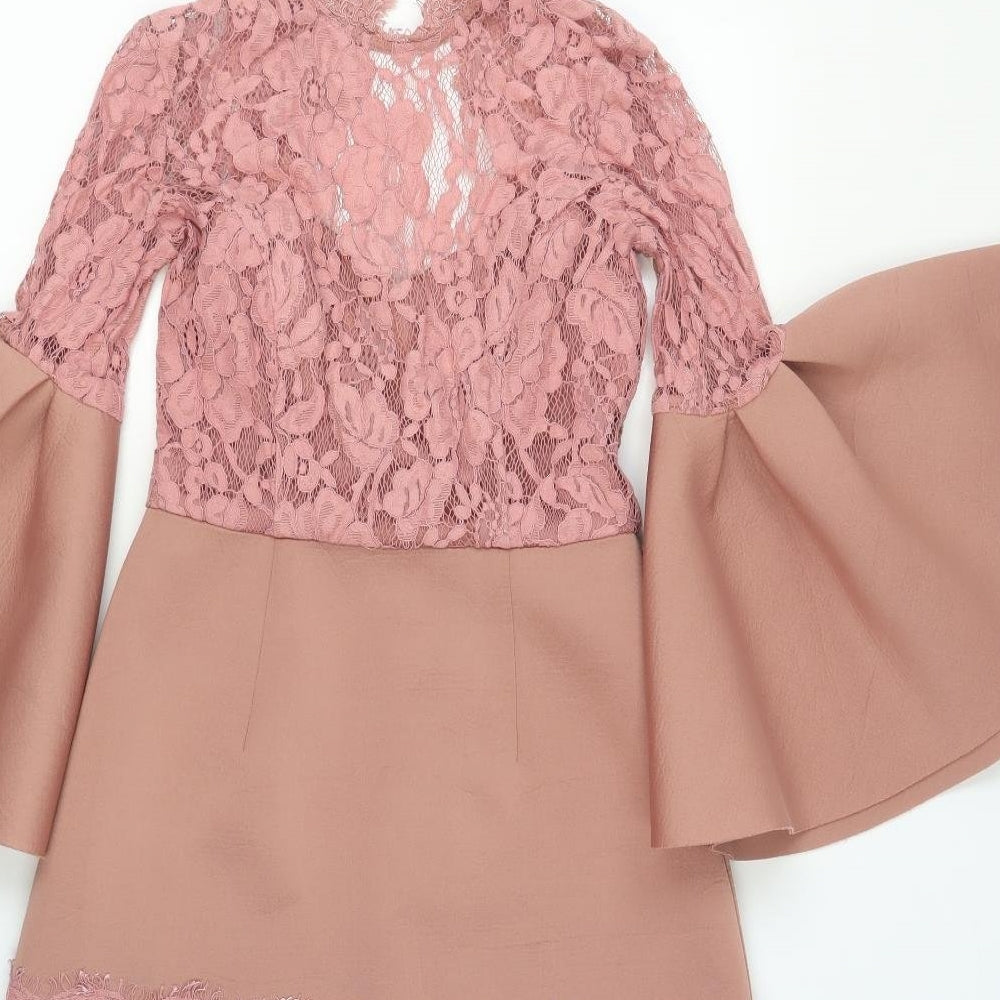 ASOS Womens Pink Polyester Shift Size 8 V-Neck Zip - Lace Detail Open Back