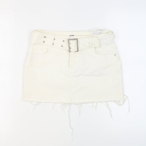 Bershka Womens Ivory Cotton Mini Skirt Size 8 Button - Belted