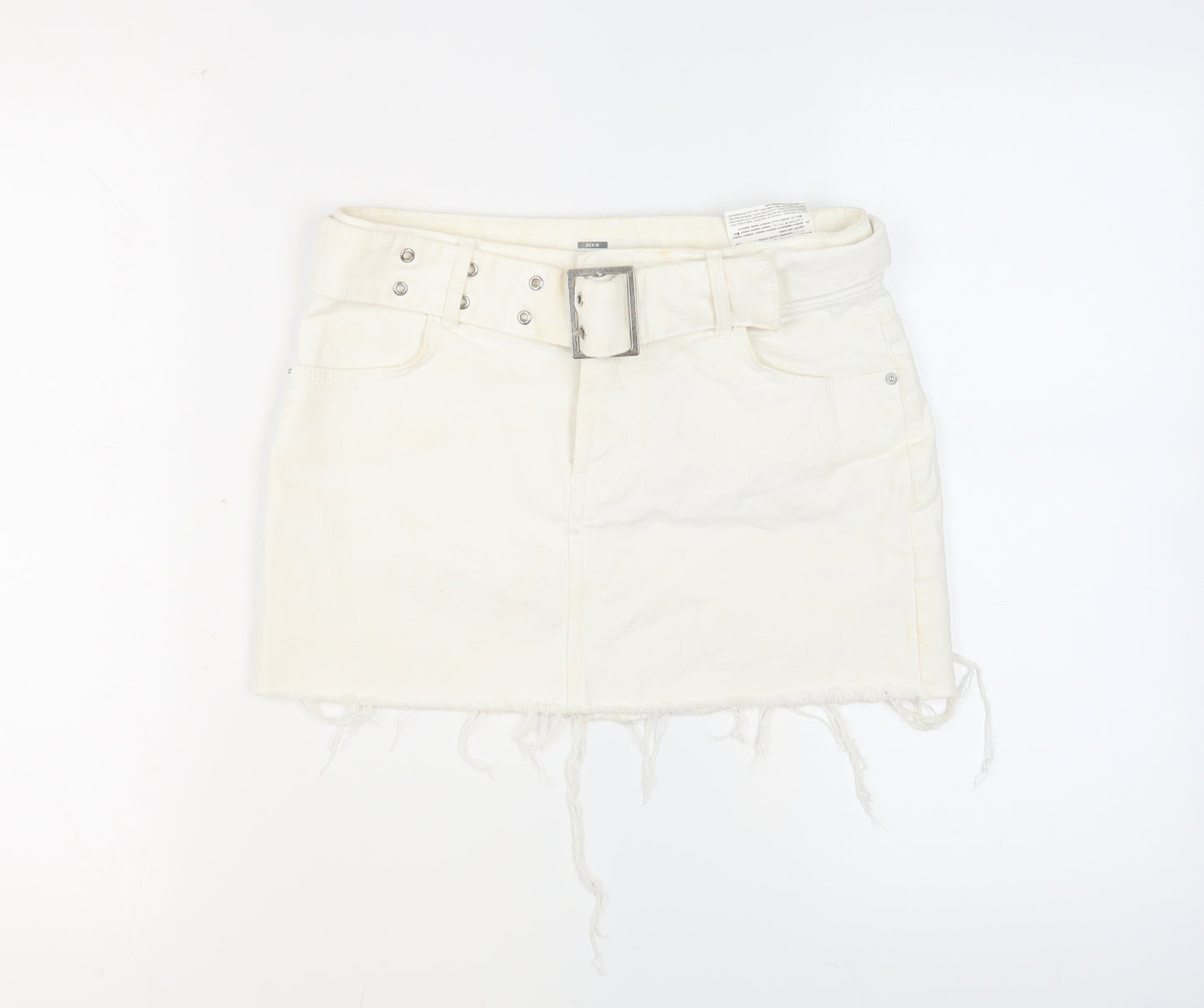 Bershka Womens Ivory Cotton Mini Skirt Size 8 Button - Belted