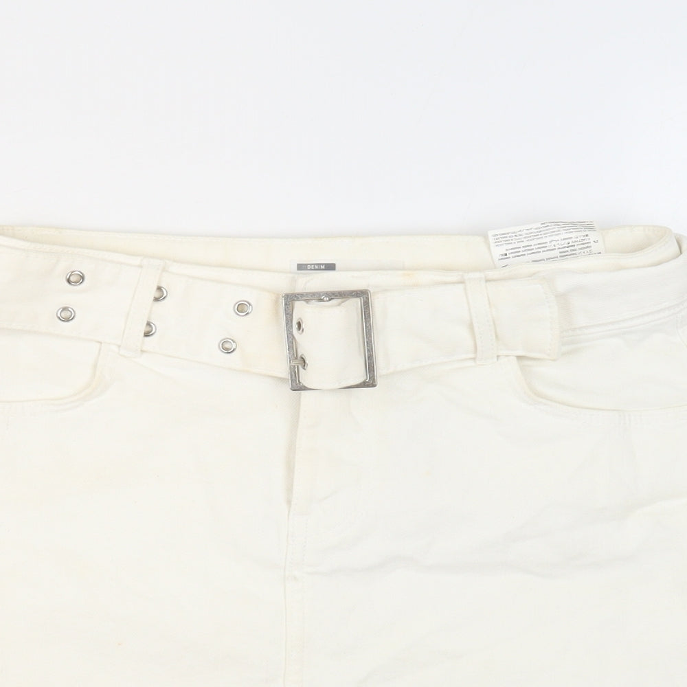 Bershka Womens Ivory Cotton Mini Skirt Size 8 Button - Belted